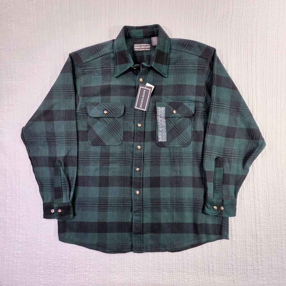David Taylor Heavyweight Flannel Shacket Mens XL Green Buffalo Plaid Grunge NWT